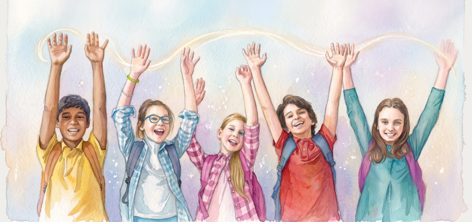Aquarell: fünf Schulkinder jubeln mit erhobenen Armen, über ihnen ein goldener Schwung